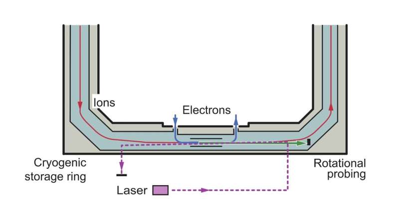 Simplified schematic of the experiment showing the relevant parts of the cryogenic storage ring (CSR). The red and blue trajectories highlight the ion and electron beams, respectively. The stored ions can interact with the merged electron beam or a pulsed laser beam (dashed purple line). The laser interaction products are neutral and continue ballistically (green arrow) until collected on a particle counting detector. Credit: Kalosi et al.