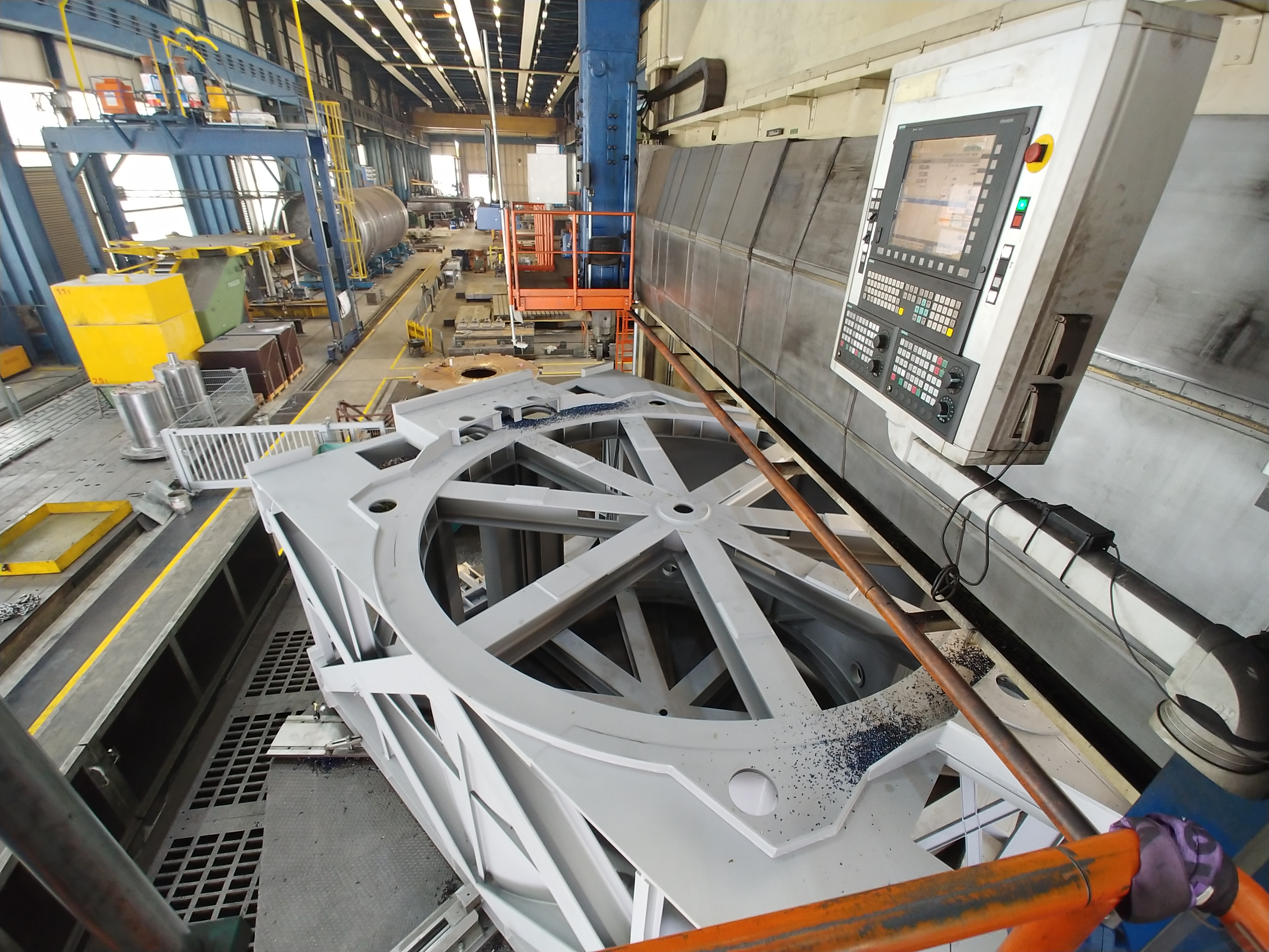 Milling of the gearbox and main bearing interfaces on the central section of the telescope traverse welded assembly. Credit: CCAT Observatory, Inc.