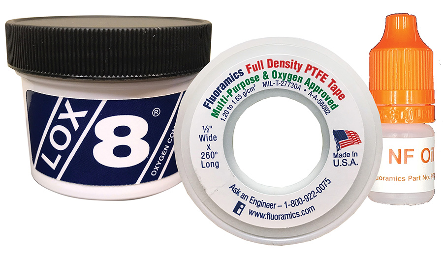 Fluoramics LOX-8® Paste, Fluoramics oxygen-safe PTFE tape, and LOX-8 NF Oil