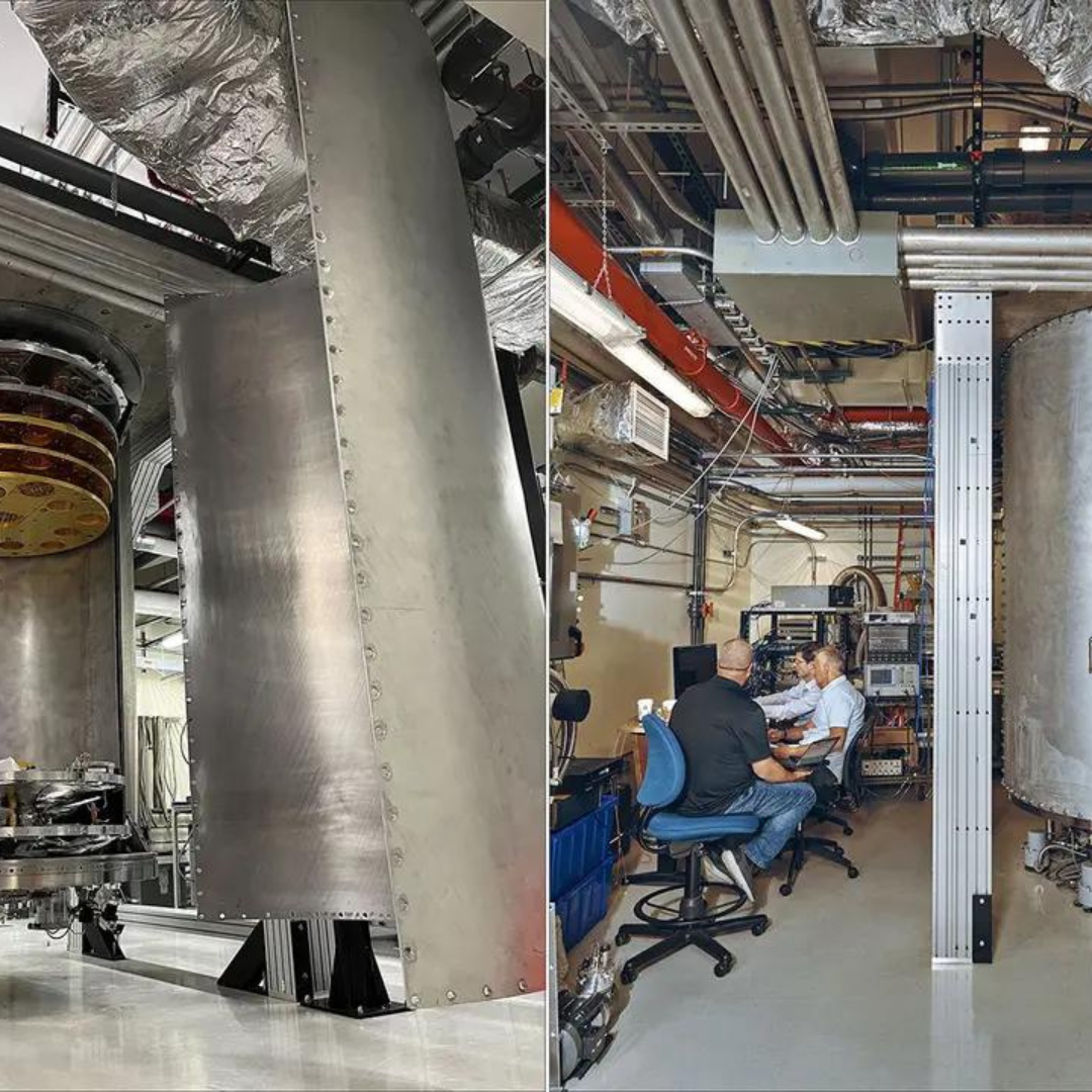 L: Interior of Goldeneye experimental superfridge. R: IBM Quantum’s Goldeneye team. Credit: Connie Zhou for IBM