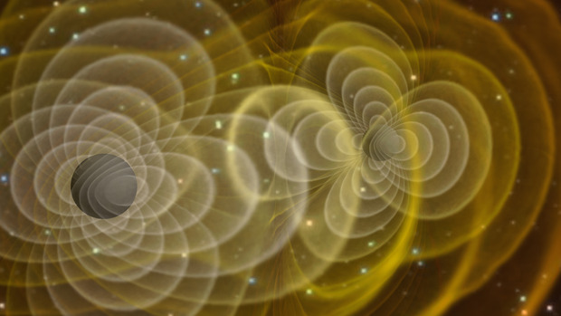 Illustration of gravitational waves produced by two orbiting black holes. [Credit: Henze/NASA]