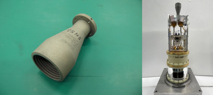 Image: IMAGE: A 3D-PRINTED CORRUGATED HORN (LEFT). A BAND 1 RECEIVER WITH THE ALL-METAL 3D-PRINTED CORRUGATED HORN INSTALLED (RIGHT). CREDIT: NAOJ, ASIAA