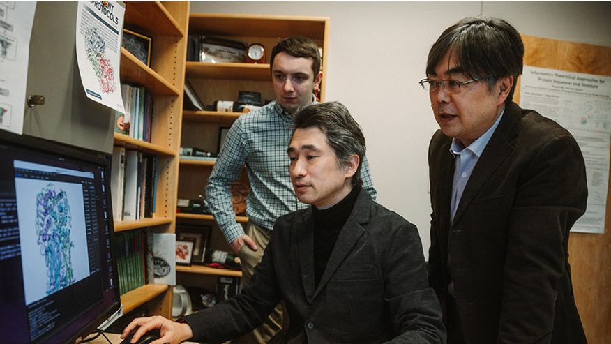 From left: Charles Christoffer, Genki Terashi and Daisuke Kihara of Purdue University launched the high-tech software startup Molecular Intelligence to determine 3D structures of biomolecules. The software leverages deep learning to analyze cryogenic-electron microscopy data, which consists of 3D image data. (Purdue University photo/Pranav Punuru)