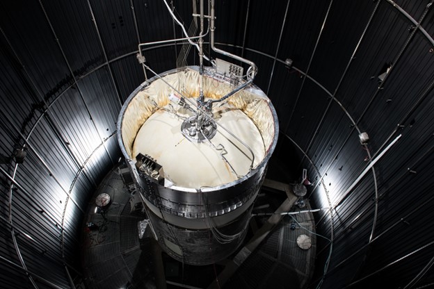 A 2019 image of the SHIIVER tank sitting inside the In-Space Propulsion Facility’s vacuum chamber at NASA’s Neil Armstrong Test Facility in Sandusky, Ohio. The tank was part of a Cryogenic Fluid Management project effort to test the tank at extreme temperatures and ensure the new technologies kept the propellants inside cold and in a liquid state. Credit: NASA