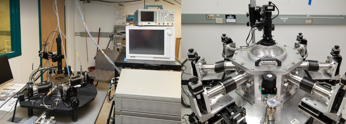 Two of our low and high temperature probing setups are shown here. Using these setups, we perform chip measurements from 4 K to 1000 K, with current and voltage ranges spanning from a fraction of a picoamp to an amp, and a microvolt to hundreds of volts, respectively. These also allow for the measurement of a fraction of a picofarad. Credit: CoolCAD