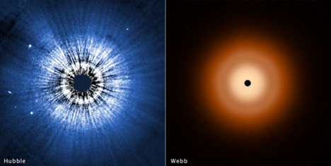 [left] A Hubble Space Telescope false-color view of a 100-billion-mile-wide disk of dust around the summer star Vega. Hubble detects reflected light from dust that is the size of smoke particles largely in a halo on the periphery of the disk. The disk is very smooth, with no evidence of embedded large planets. The black spot at the center blocks out the bright glow of the hot young star. [right] The James Webb Space Telescope resolves the glow of warm dust in a disk halo, at 23 billion miles out. The outer disk (analogous to the solar system’s Kuiper Belt) extends from 7 billion miles to 15 billion miles. The inner disk extends from the inner edge of the outer disk down to close proximity to the star. There is a notable dip in surface brightness of the inner disk from approximately 3.7 to 7.2 billion miles. The black spot at the center is due to lack of data from saturation. NASA, ESA, CSA, STScI, S. Wolff (University of Arizona), K. Su (University of Arizona), A. Gáspár (University of Arizona)