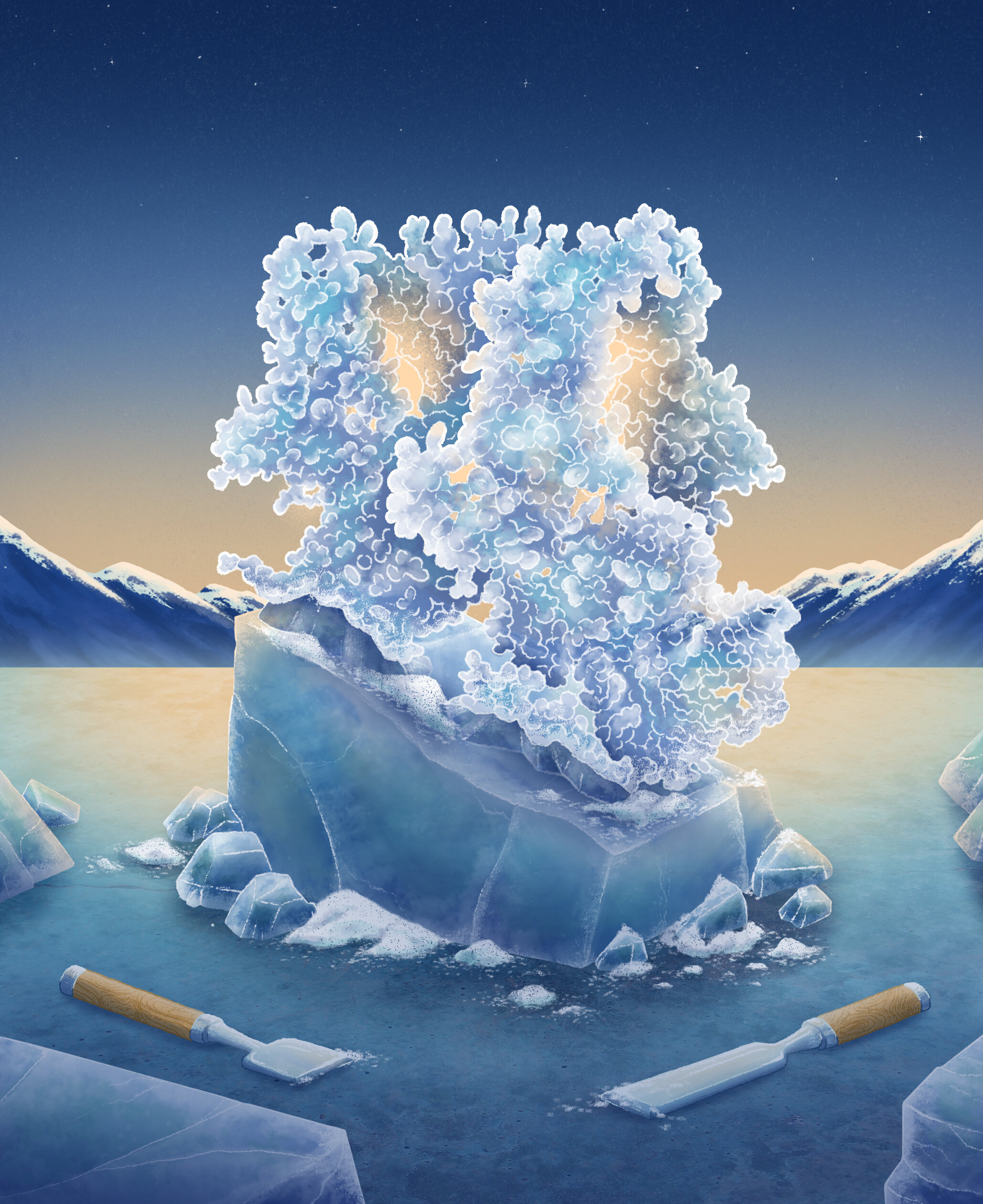 The image is an interpretation of the role of the TRPM8 channel—the primary player responsible for cold sensation in humans. The concept of sculpting ice refers not only to the cold sensation itself triggered by the opening of this channel, but also to the process of discovering further how its complex structure works. Credit: Joana C. Carvalho